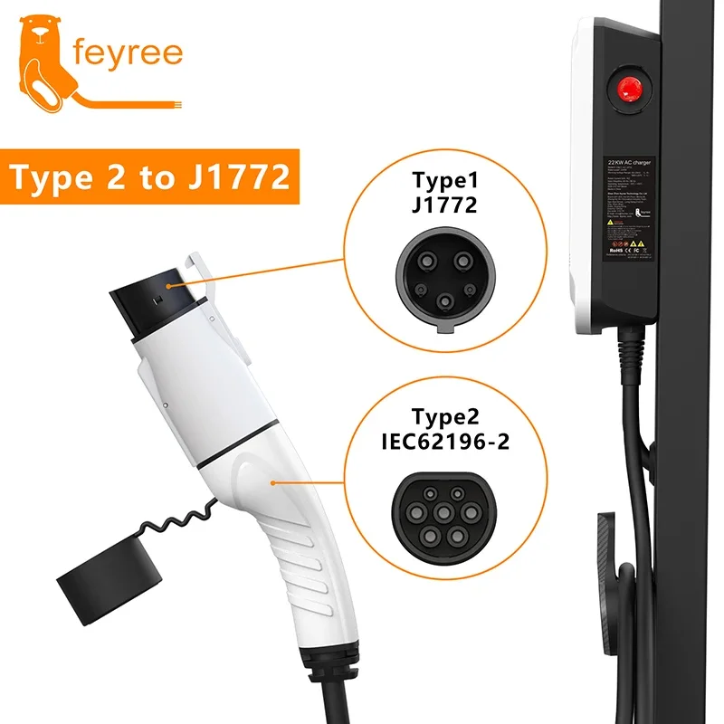 Adapter ładowarki EV Feyree Typ 2 IEC62196-2 na Gniazdo Ładowania Samochodu Typ 1, Adapter Ładowarki AC 32A 1-fazowy 3.5KW 7KW Max do Samochodów Elektrycznych