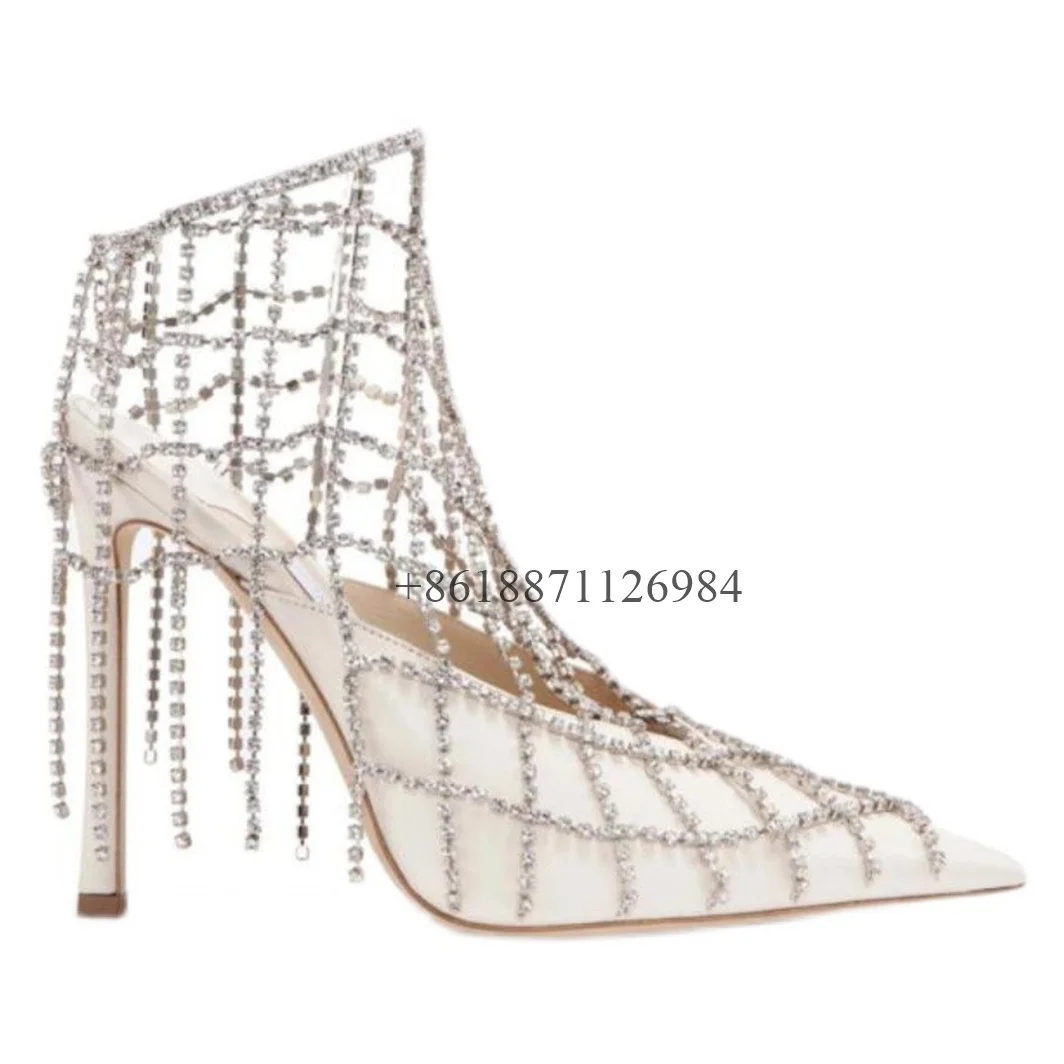 Bling Rhinestone Chain Pointed Toe Women Pumps Shoes Stiletto High Heels Buckle Strap Design Large Size Wedding Shoes