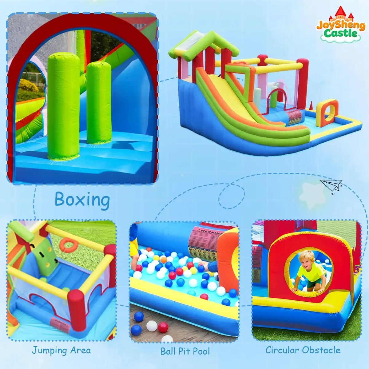 미끄럼틀이 있는 바운스 하우스 7-in-1 어린이용 인플레이터블 놀이터 3-10세 대형 점프 구역, 볼 풀, 상업용 블로워 포함