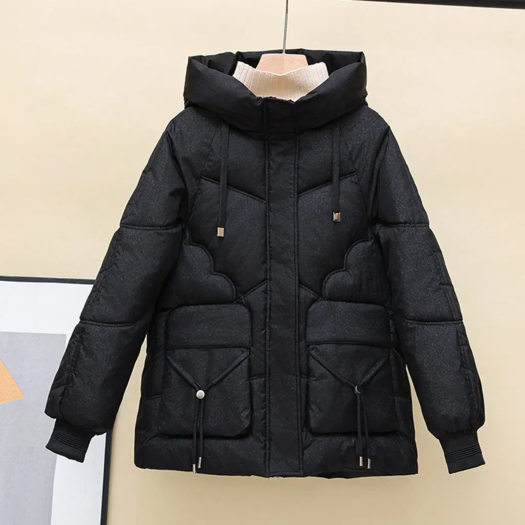 

Women's Large Size Red Shiny Velvet Cotton-Padded Jacket Thickened Hooded Winter Coat Loose Short Bread Suit Style