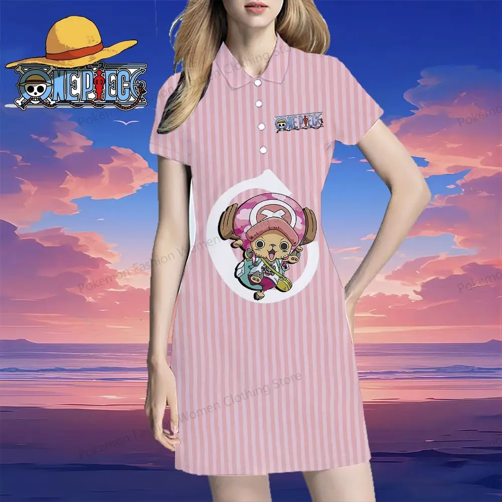 Women's Polo Shirt Dresses Luffy One Piece Street Wear Summer One-piece Dress Kawaii 2024 Youthful Woman Clothes V Neck Y2k Sexy