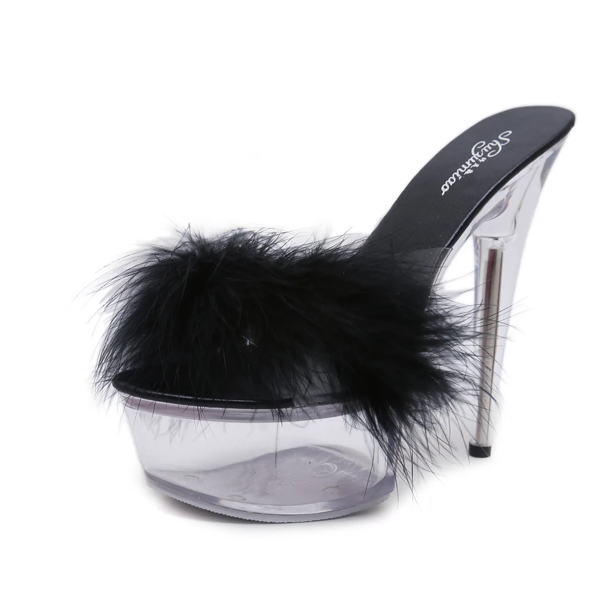 Transparent Crystal Platform Sandals Sexy Open Toe Fur Shoes Temperament Nightclub Party Fur 14.5cm High Heel Jelly Slippers