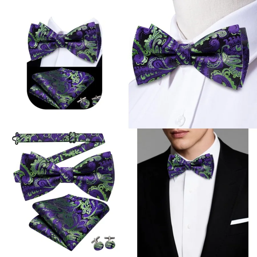 Conjunto de Corbata de Moño y Pañuelo de Bolsillo para Hombre, Diseño Paisley a Rayas, Pre-atado, para Bodas y Negocios, Morado y Verde, Mardi Gras