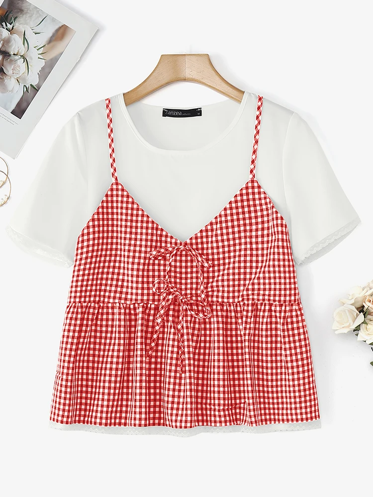 Summer T-shirts ZANZEA Fake Two-piece Tops Women T-Shirts 2025 Fashion Short Sleeve Plaid Tees Casual Loose Bow Elegant Shirts