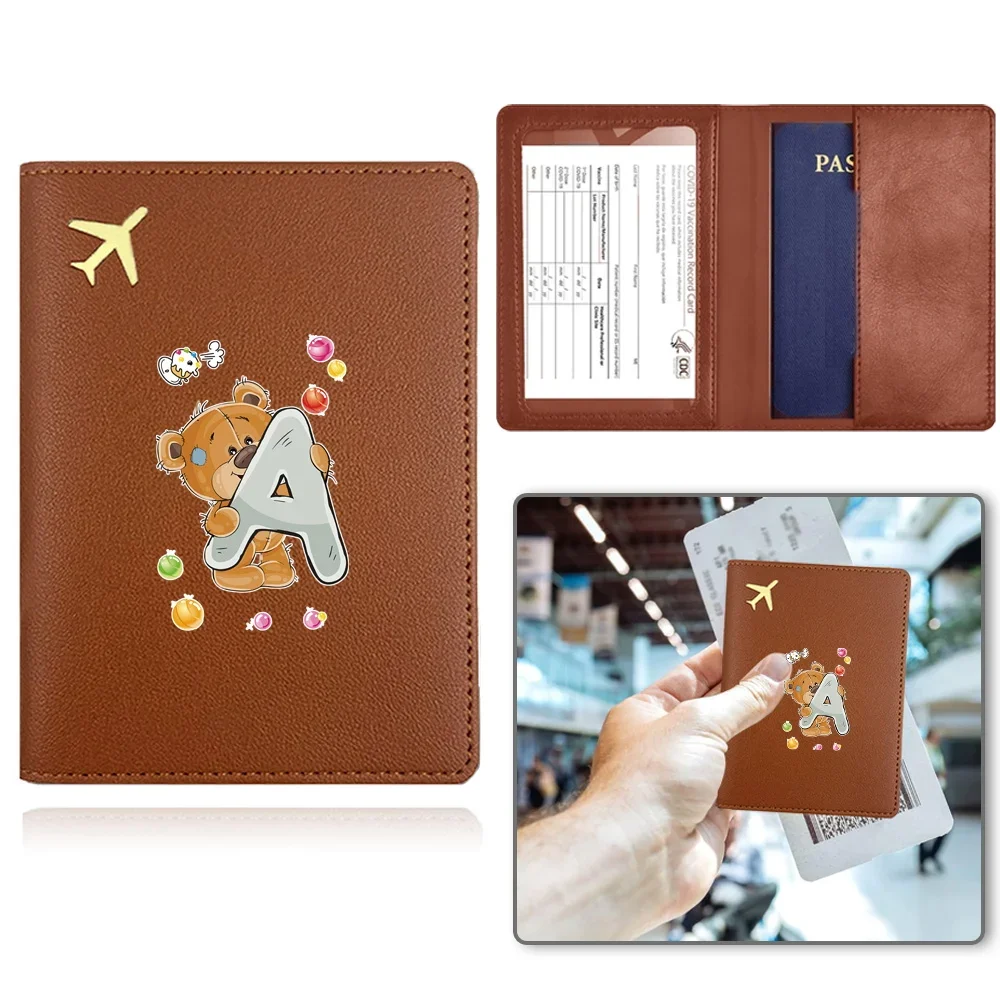 Leather Passport Case Protector Passport Container Pu Business Cover Waterproof Passport Travel Card Holder Bear Letter Pattern