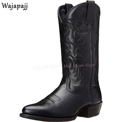 Men Retro Style West Cowboy Mid-Calf Boots Square Heel Male Fashion Winter Autumn Round Toe Side Zipper Black High Top Boots