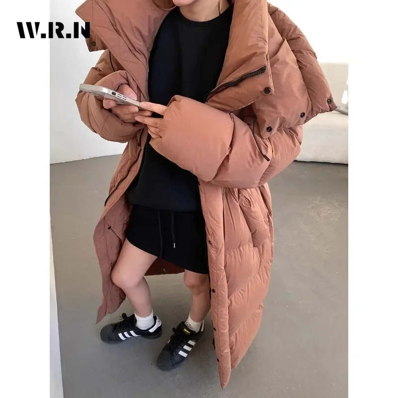 Casual Solid Color Long Sleeve Outerwear Women\'s Hooded X-Long Parkas Jacket 2024 Winter Oversized Single Breasted Grey Coat