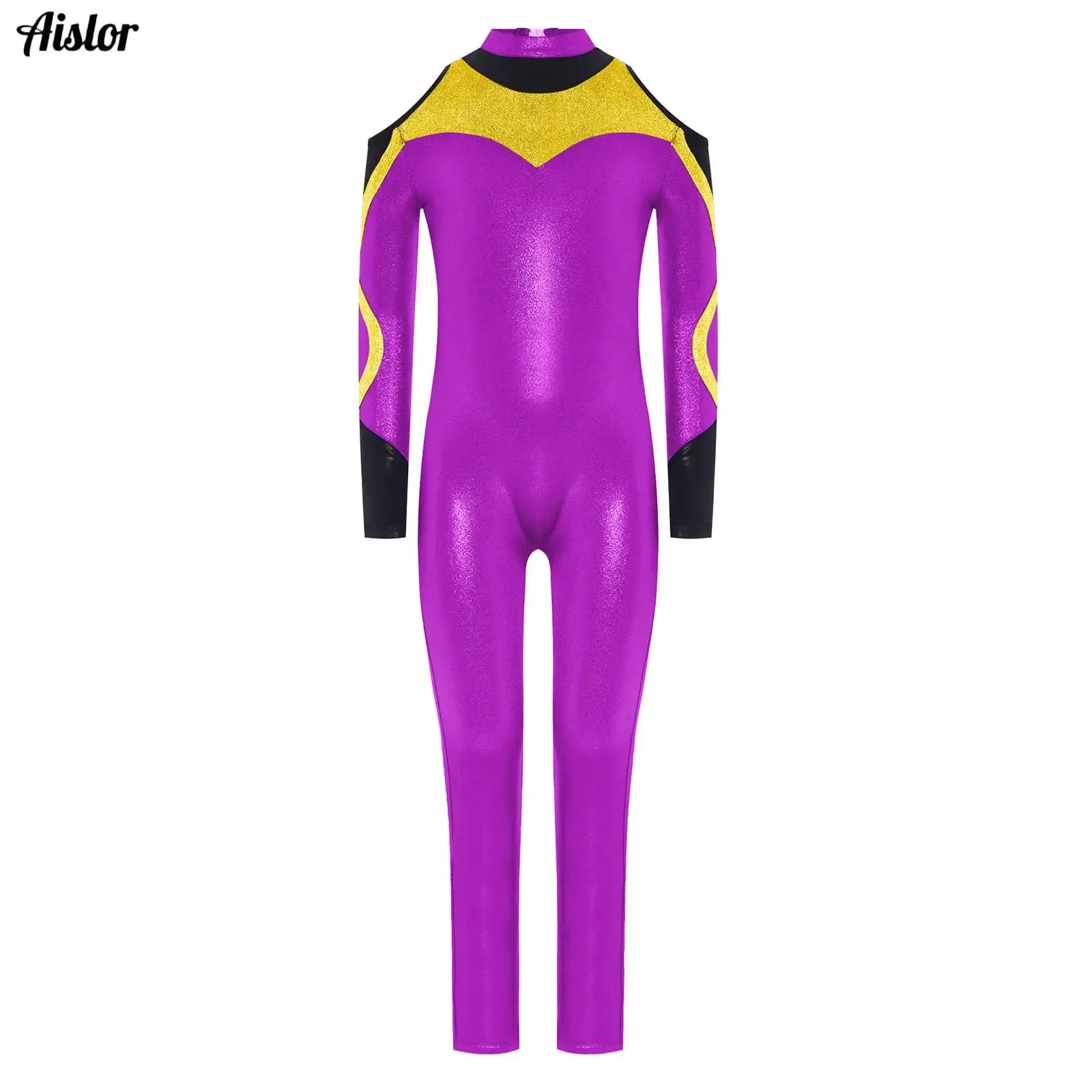 

Kids Girls Gymnastics Acrobatics Jumpsuit Long Sleeve Cold Shoulder Contrast Color Metallic Dance Bodysuit for Yoga Dance Sports