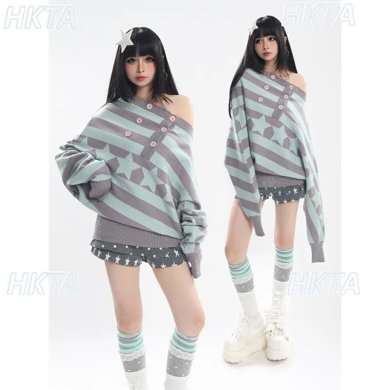 Original Japanese Striped Slanted Shoulder Sweater Pullover Autumn Winter Cute Star Bat Sleeve Knitted Y2k Sweater Outerwear Top