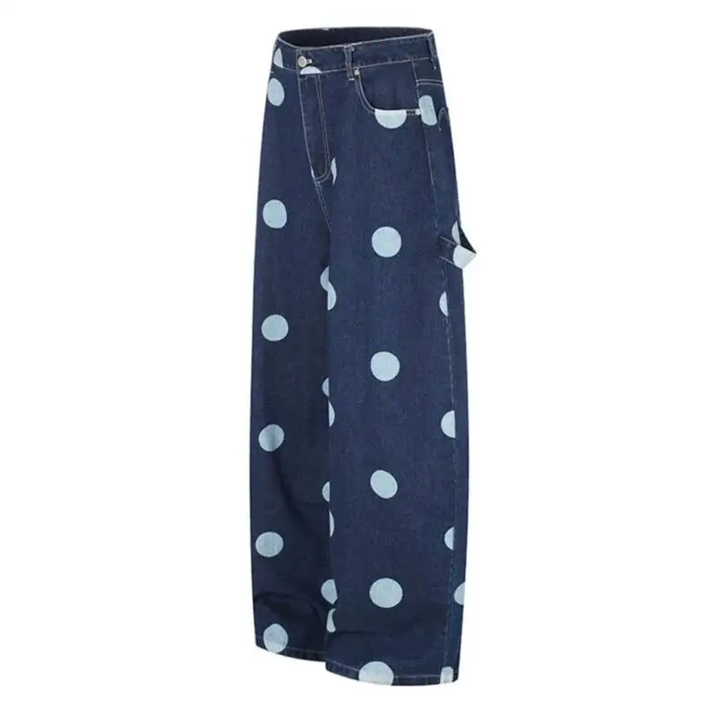 Dot Printed Polka Curved Wide Leg Denim Jeans For Men Women Vintage Street Heart Back Pocket Loose Casual Pants J2LW