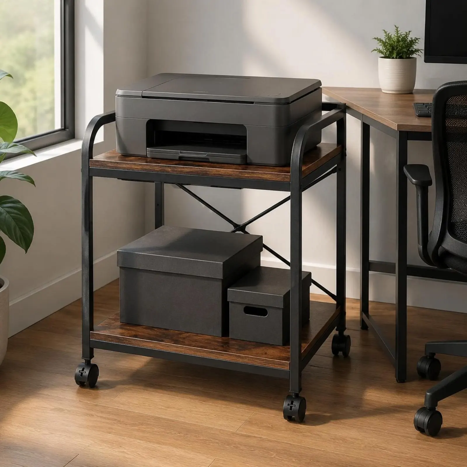 Picture 6: Rolling Printer Trolley Space-Efficient Printer Shelf with Wheels Mobile File Rack Heavy Duty Desktop Storage Rack Modern Design