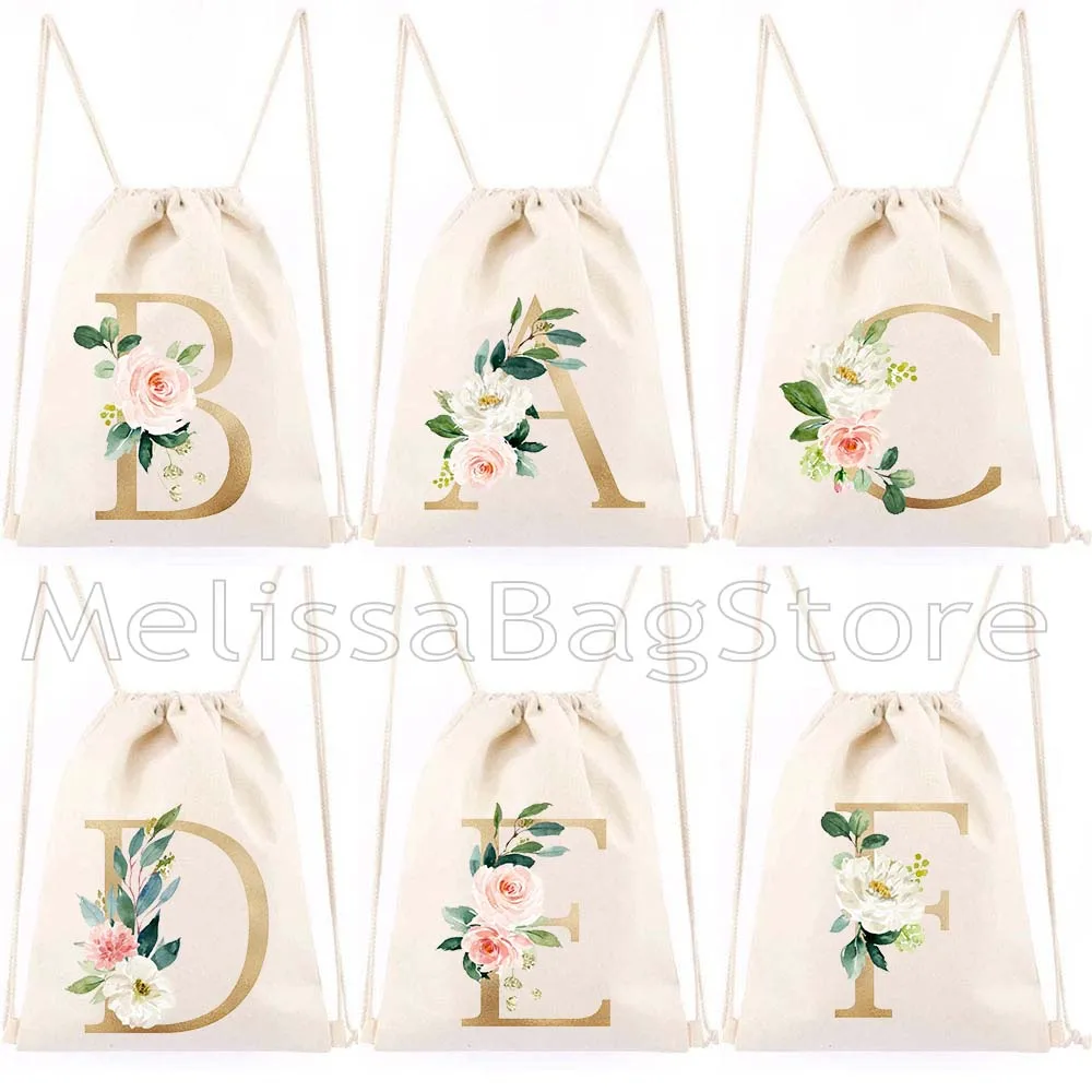 

Золотые цветочные буквы, цветок, начальная буква от А до Я, милые детские подарки на день рождения для учителей, холщовая сумка на шнурке, рюкзаки, спортивный рюкзак
