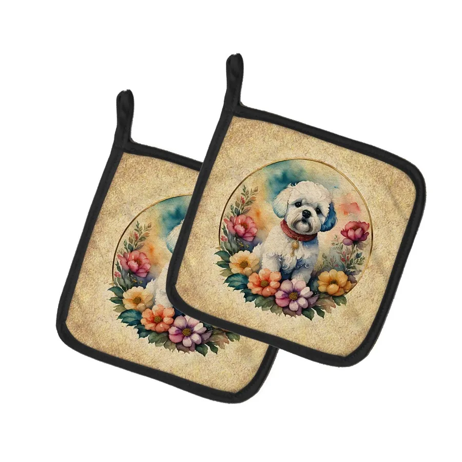 

Bichon Frise and Flowers Pair of Pot Holders Kitchen Heat Resistant Pot Holders Sets Oven Hot Pads for Cooking Baking BBQ 7 1 2