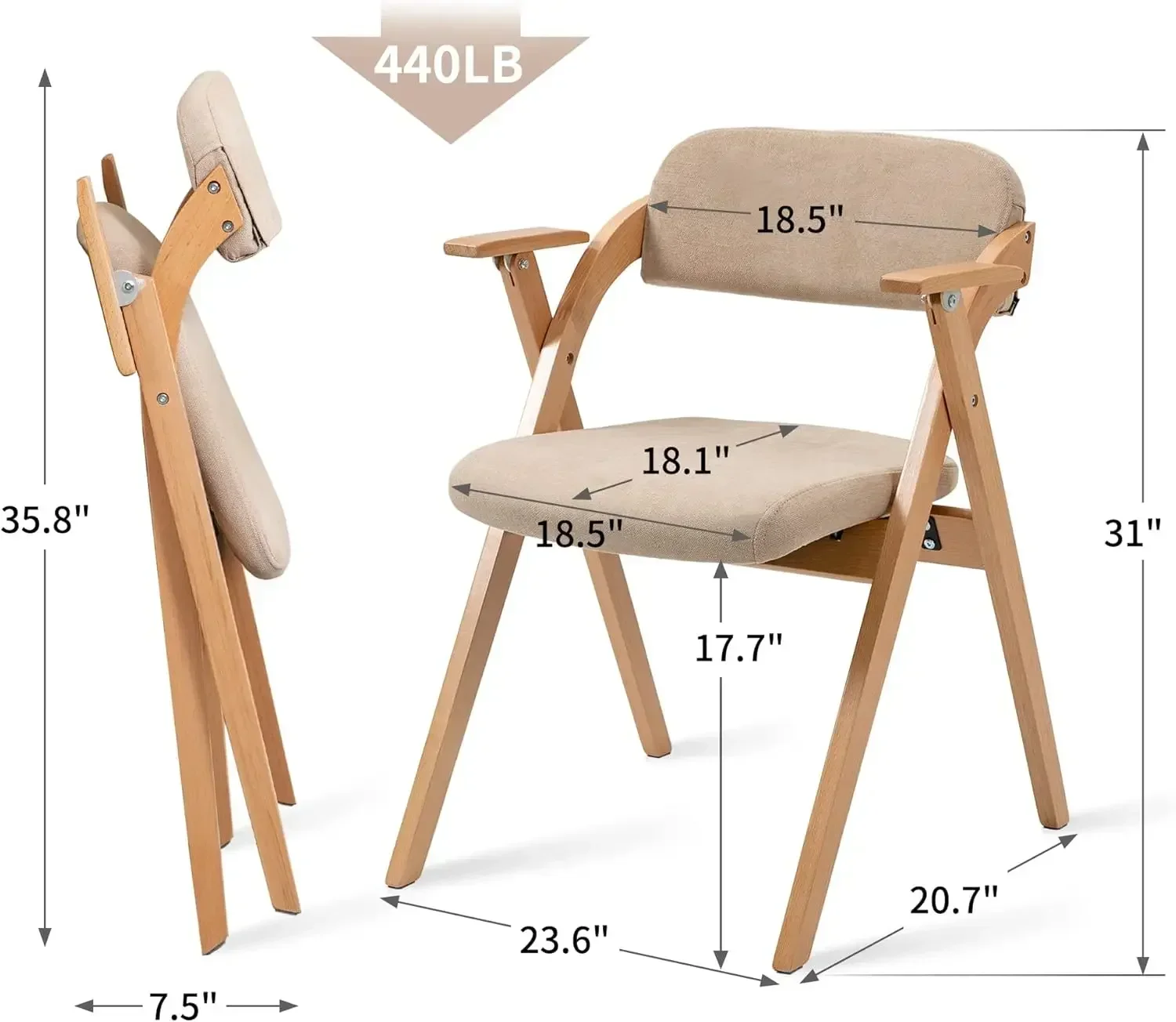 Folding Chairs with Armrest, Wooden Stackable Foldable Dining Chair with Padded Seats Set of 2 Extra