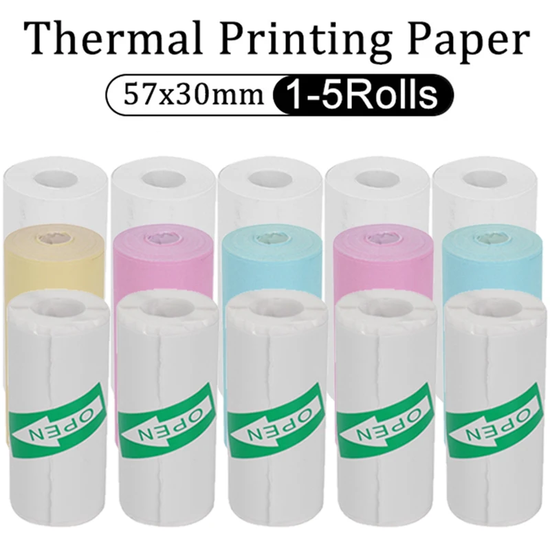 Mini papel de impresora fotográfica para niños, papel de impresión instantánea, pegatina colorida, piezas de accesorios de repuesto, 57x25MM, 5-1 rollos