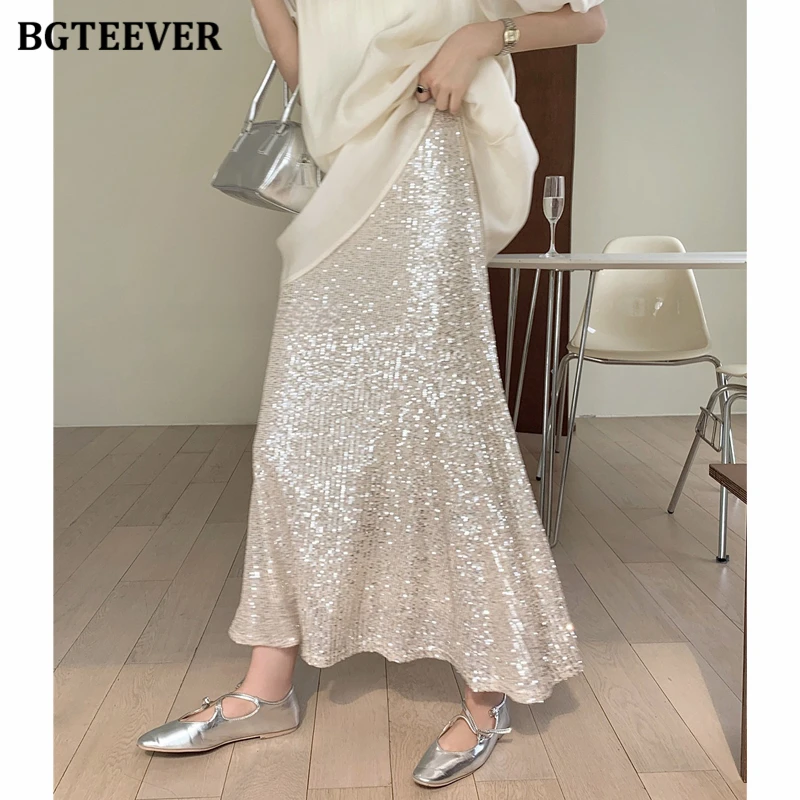 BGTEEVER Elegant Mermaid Sequin Skirts for Women Fashion High Waist Female Midi Skirts