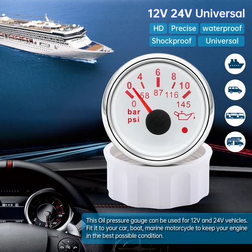 Imagen 2 del producto Manómetro de presión de aceite con Sensor, indicador de prensa de aceite psi con alarma LED, retroiluminación roja para coche, barco y marino, 52mm, 0-5bar, 0-10bar, 12V, 24V