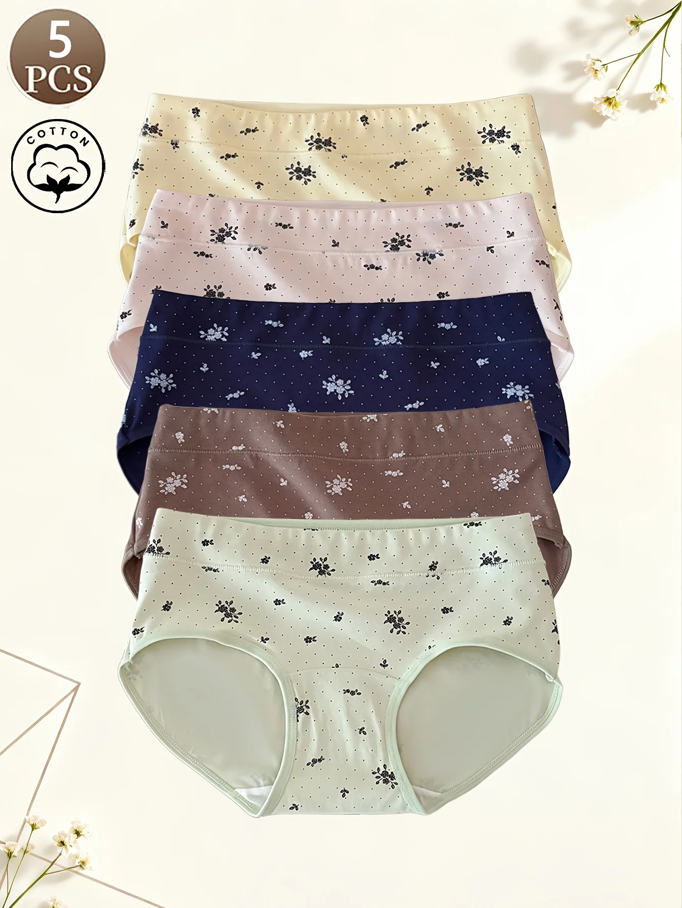 5-teilige Damenunterwäsche aus Baumwolle mit gepunktetem Blumenmuster, nahtlos, bequem, mittlere Taille, Sport-Yoga-Damen-Triangelhose für Mädchen