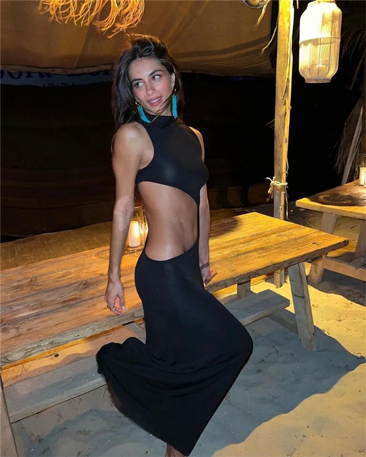 Dsmtrc-女性のためのノースリーブのイブニングドレス,裸の肩,スリムカット,黒の透かし彫りハイウエスト,長いイブニングドレス,セクシー