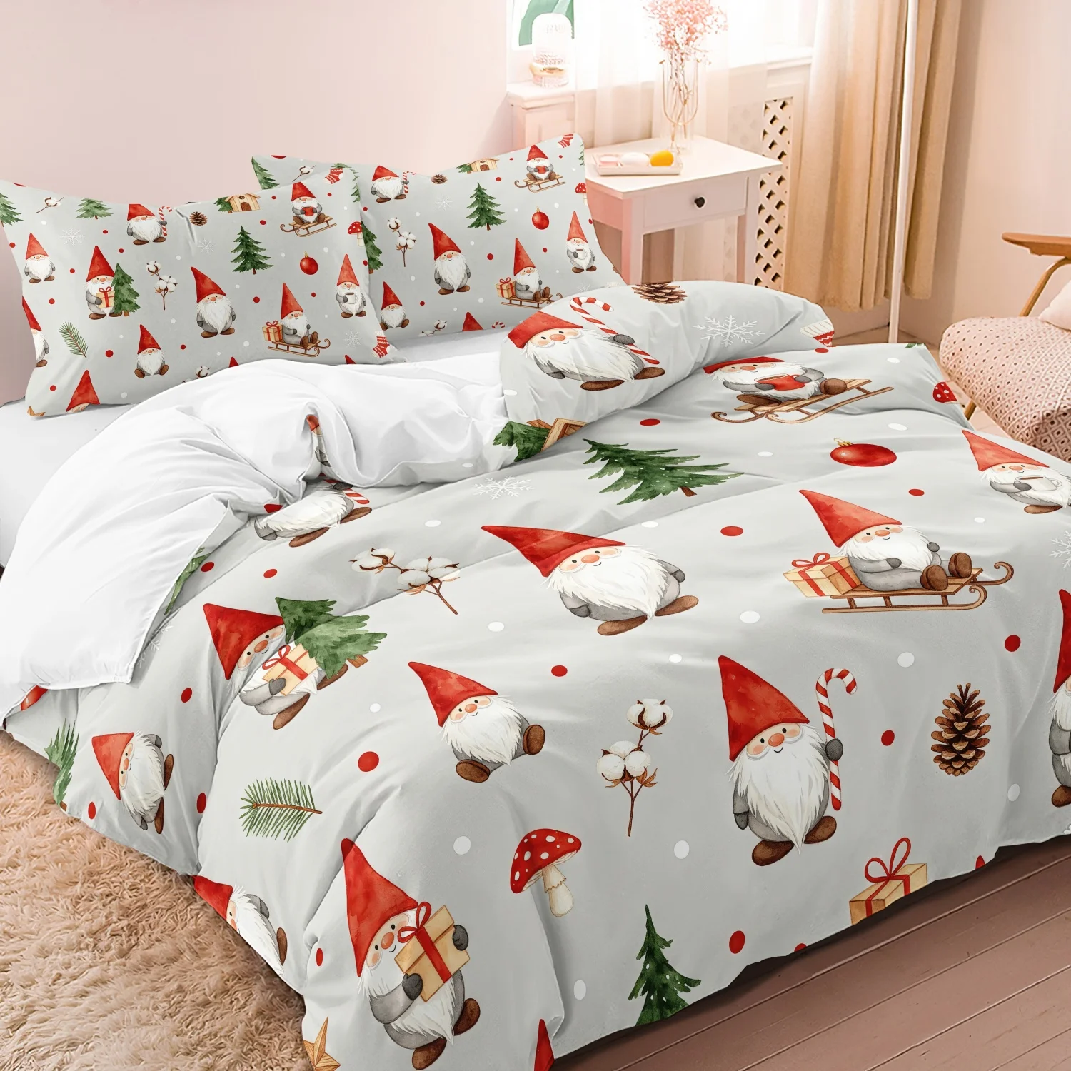 3Pcs Christmas Gnome Duvet Cover Set, Gift Sleigh Pine Tree Print Bedding Set, For Family Bedrooms Dormitories Hotels