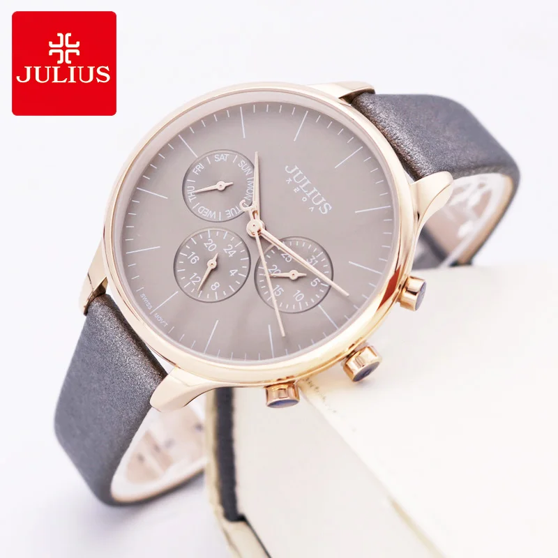 

Real Multi-functions Thin Lady Women's Watch ISA Mov't Fine Fashion Hours Dress Sport Leather Girl Birthday Gift Julius Box