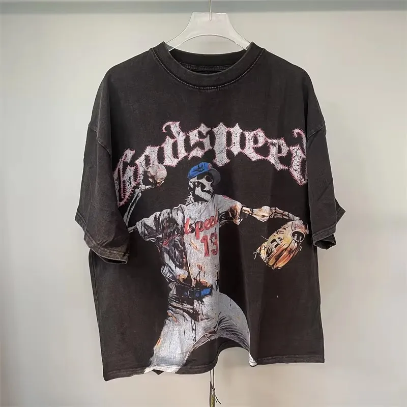 

Godspeed Washed Vintage Skeleton Baseball Print T Shirt Men Women Oversized God Speed T-shirt Top Tees