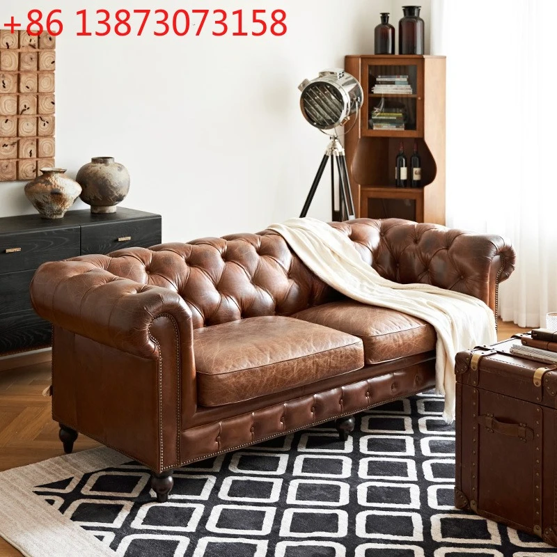 

Американский ретро-диван для гостиной, большой и маленький, с застежками, из вощеной кожи, на трех местах.