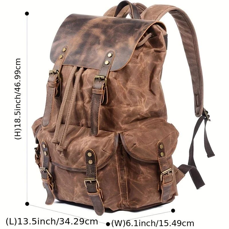 Vintage Men'S Leather Backpack, Waxed Canvas Shoulder Bag for Travel, Casual Laptop Bag, Suitable for Both And . view 2