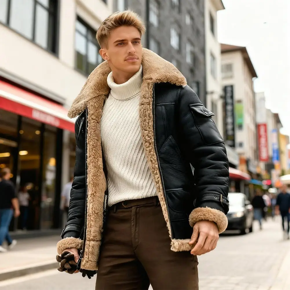سترة شتوية دافئة للرجال بسحاب من الجلد للدراجات النارية من الصوف بأكمام طويلة وجيوب بألوان متباينة ورقبة على شكل طية صدر السترة معطف كاجوال
