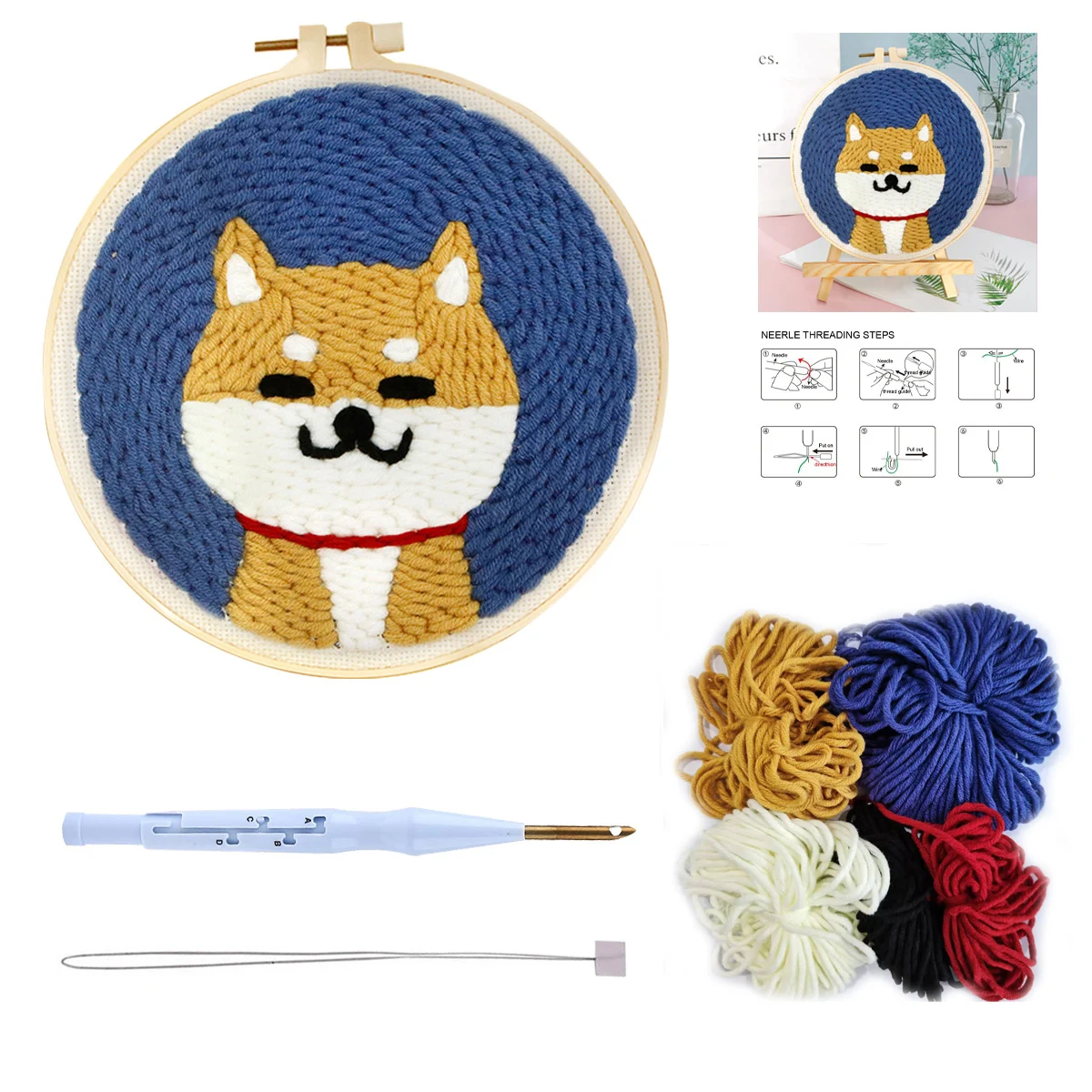 

RUOPOTY Animal Pattern DIY Punch Needle Embroidery Starter Kit With Pattern And Instructions Cross Stitch Kit Yarn Hoop