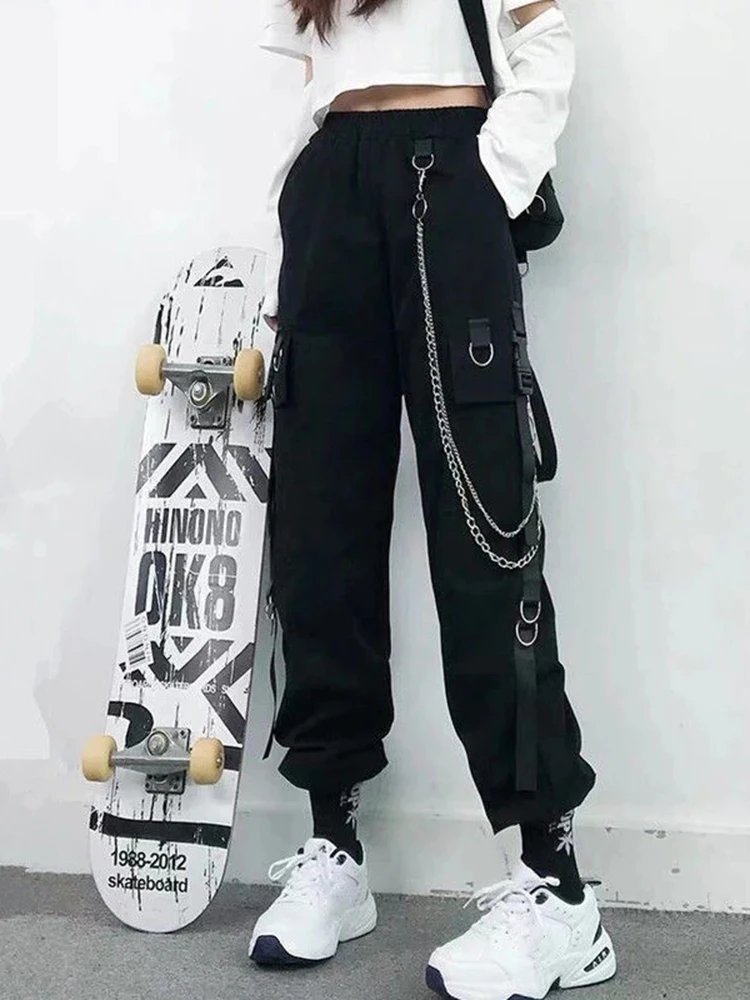 

Women Cargo Pants 2022 Harem Pants Fashion Punk Pockets Jogger Trousers With Chain Harajuku Elastics High Waist Streetwear