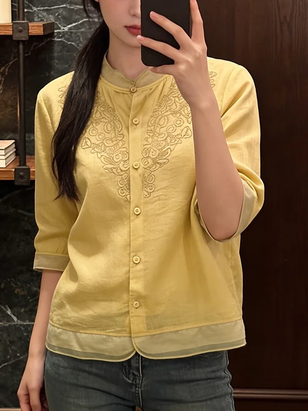 

Loose Fit round Neck Chinese Style Shirt Women's Fashionable Versatile White Enhancing Comfortable Top Breathable Skin-Friendly