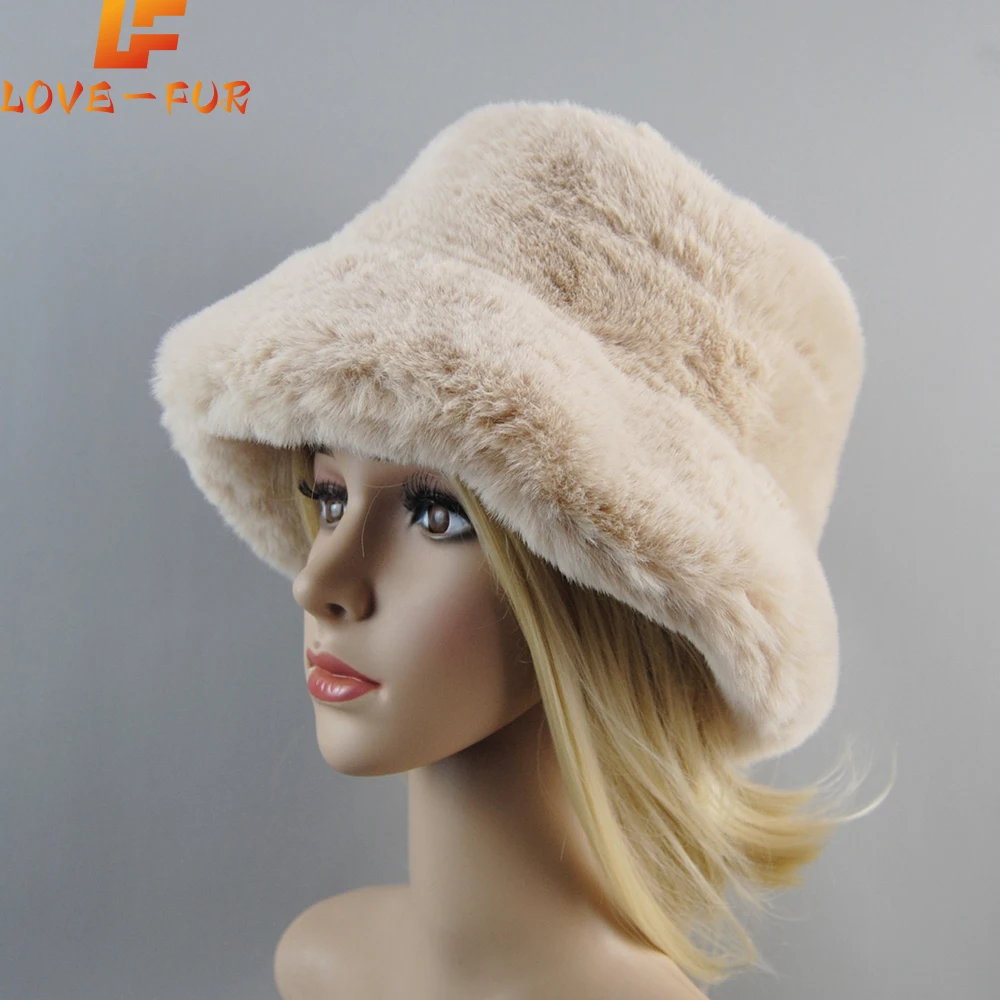 Hot Fashion Fake Rabbit Fur Hats Super Soft Women Winter Hat Cotton Lining Warm Russian Fashion Ski Beanies Plush Solid Color