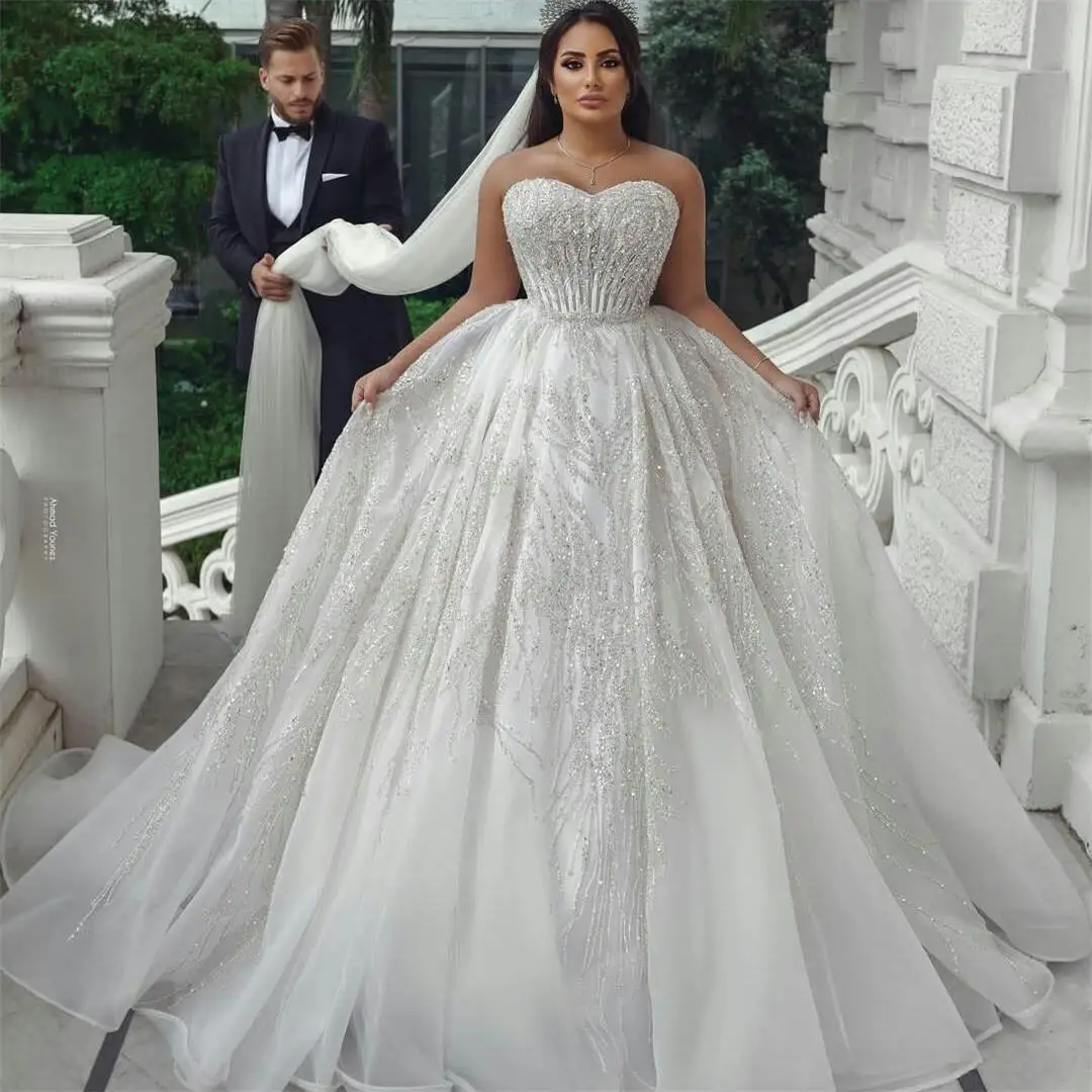 

Gorgeous Luxury Sequins Beads Wedding Dress Sweep Train Strapless Vestido De Novia A-Line Strapless Plus Size Bridal Gowns