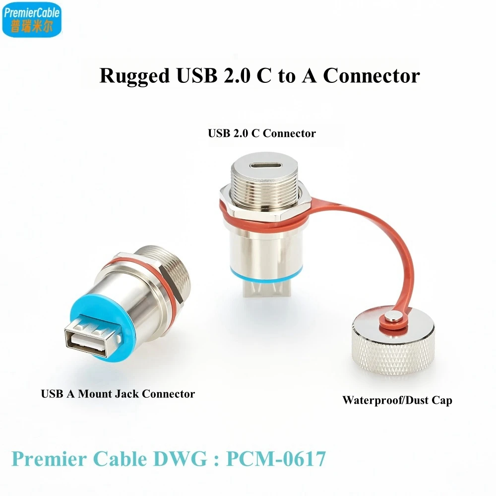 Ruggedized USB 2.0 Type C Panel Mounting IP68 Waterproof Connector Rugged USB C to A Connector Panel Mount with Dust Cap