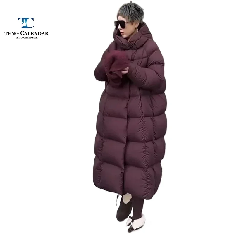 Tendencia de chaqueta de plumón europea de talla grande, chaqueta de pan larga de plumón de pato blanco cálido con capucha Popular, nuevo artículo de invierno 2024 para mujer