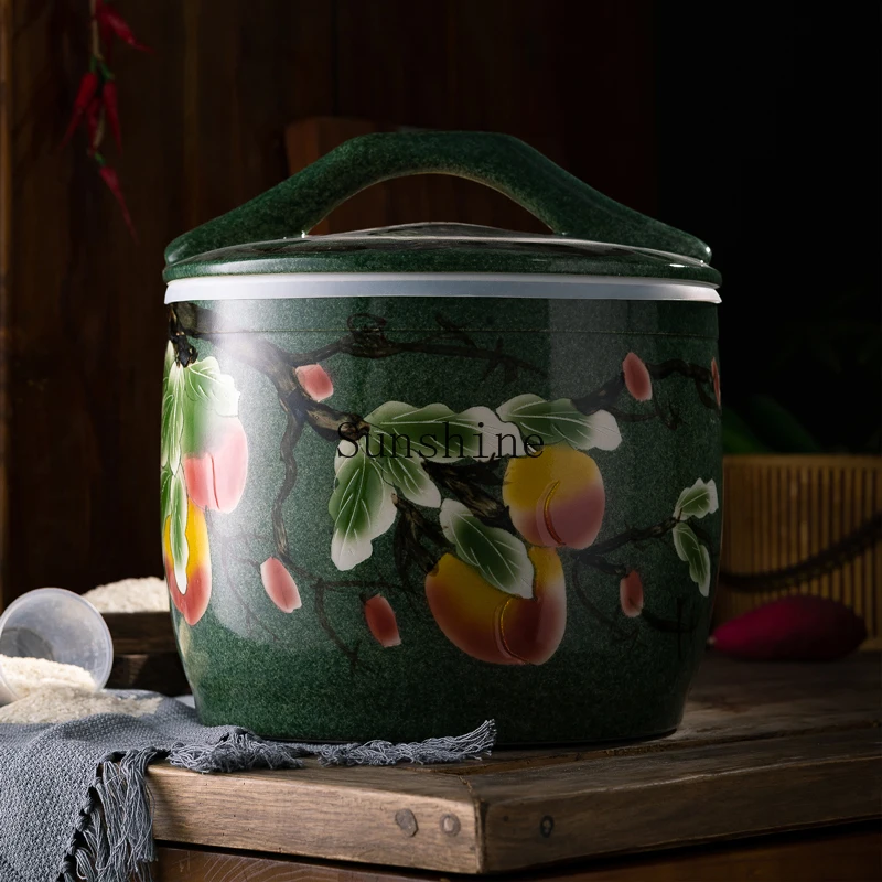 

Hand painted ceramic rice tank with lid household 10/20/30 catties insect-proof moisture-proof sealed tank rice storage box