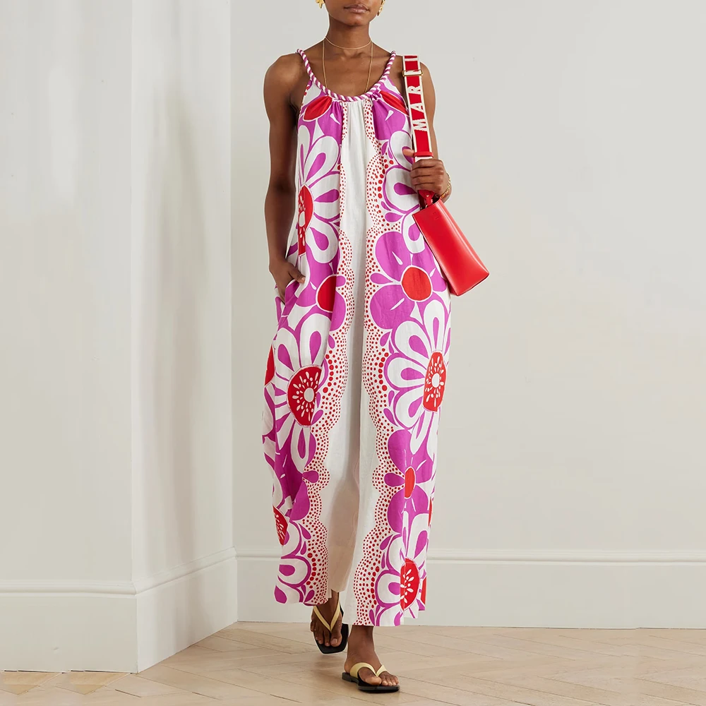 Floral Printed Cotton and Linen Blend Women's Jumpsuit Y2k Woven Straps Elegant Commuter One-piece Pants 2024 Summer New