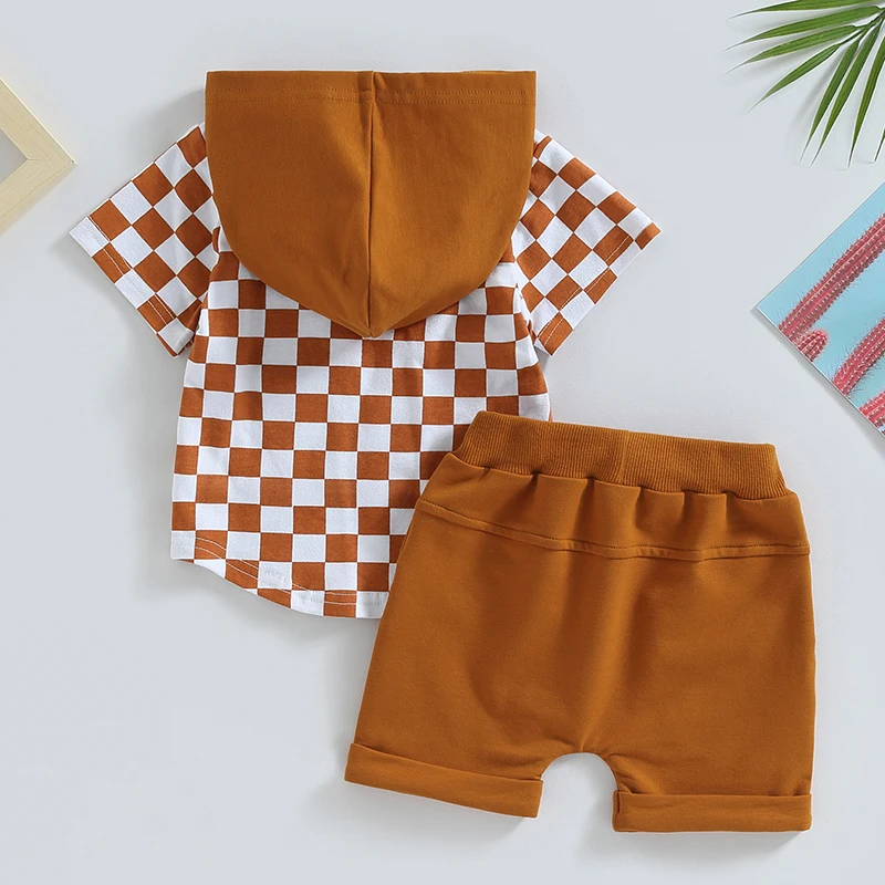 

Infant Boy Summer Clothes Suits Checkerboard Print Pocket Short Sleeve Hooded Tops and Elastic Waist Shorts 2Pcs Set