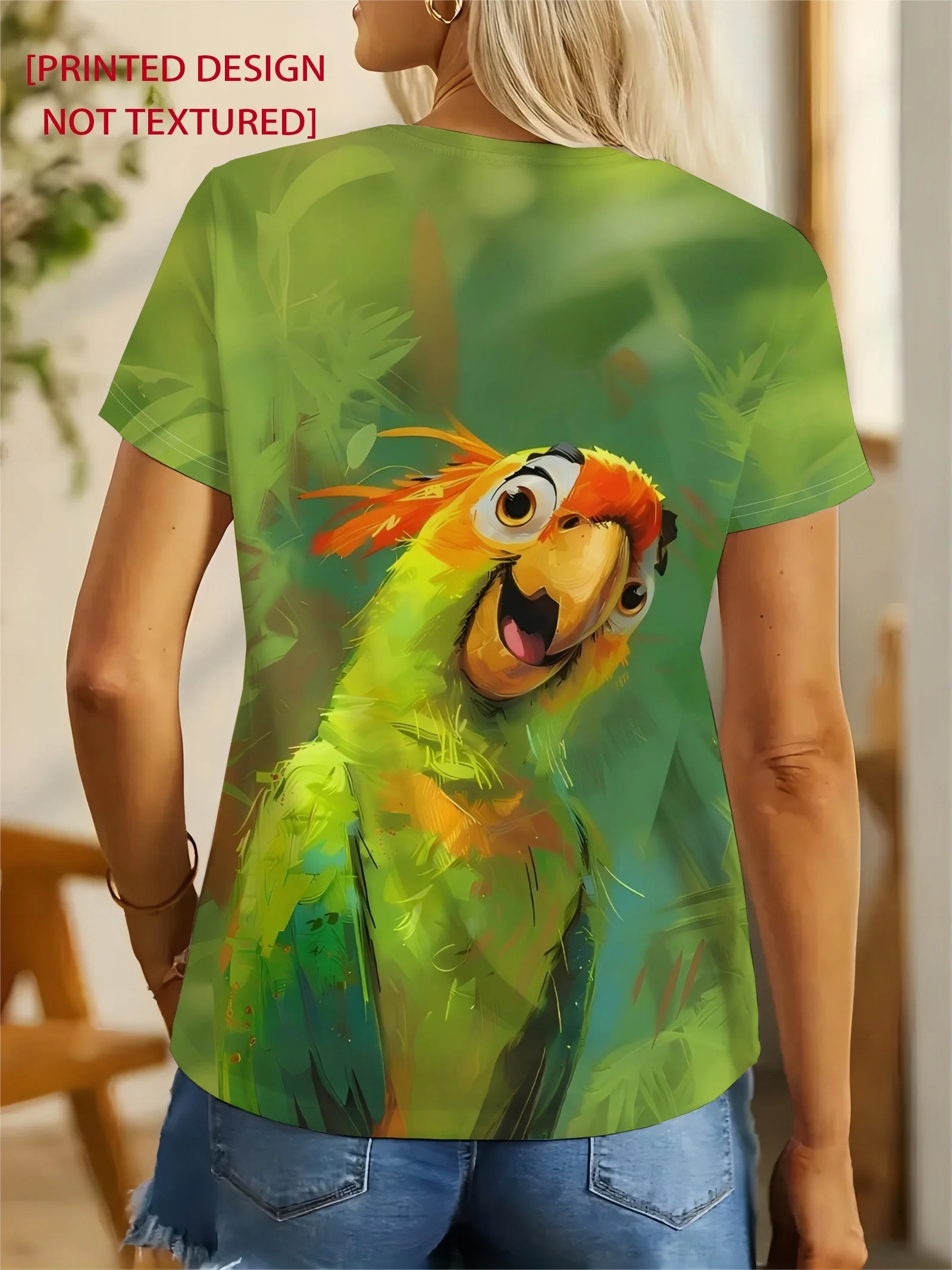 Women Crew Neck Short Sleeve T‑shirt Cute Cartoon Parrot Tropical Leaf Oil Painting Print Casual Summer Green Tops