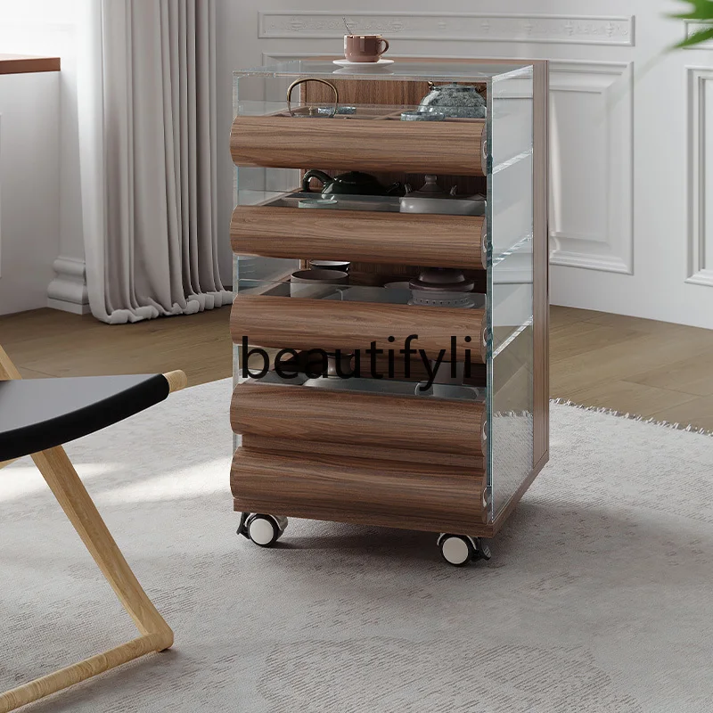 

Mobile tea table side cabinet tea set storage glass display solid wood tea cabinet table storage side table