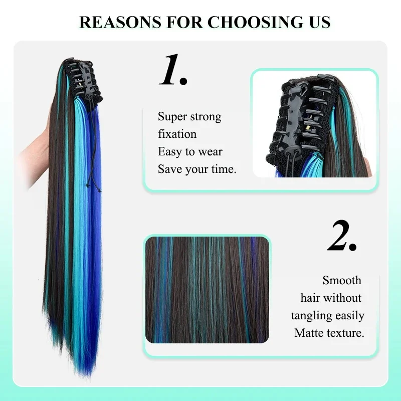 Extensión de cabello de 24 pulgadas sintética larga lacia con colores de mechas, clip de cangrejo, postizo para mujer en azul y rojo 5