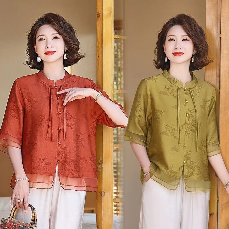 

New Chinese Style Summer Short Sleeve Shirt Tops for Thin Middle Aged and Elderly Women