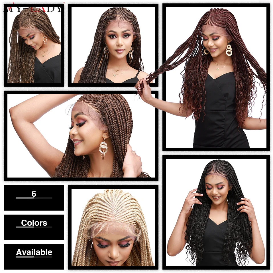 My-Lady Synthetische Cornrow Geflochtene Perücken Lace Front Perücke 28 Zoll Box Geflochtene Frontal Lange Lockige Enden Für Schwarze Frau Afro Haar Perücke