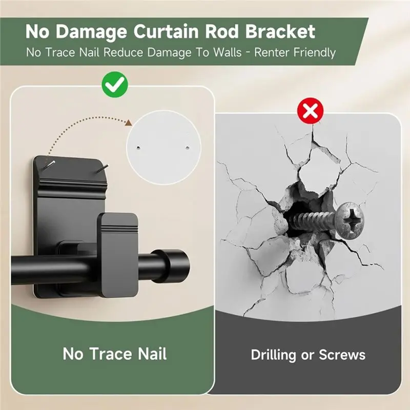 4 Pcs No Drill Curtain Rod Brackets For 5/8