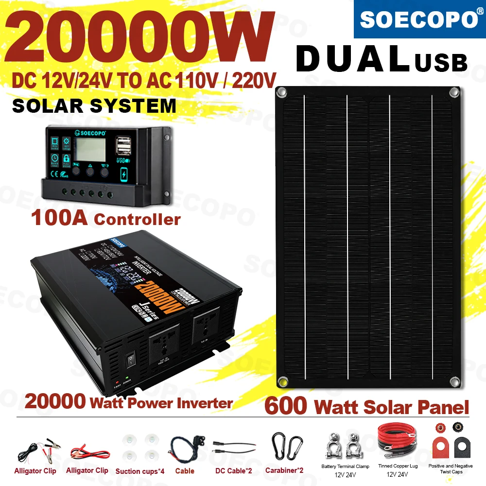 

SOECOPO 20000 Вт Полный комплект солнечной системы 600 Вт Инвертор солнечной панели (2 розетки) Контроллер 100 А для домашнего кемпинга в чрезвычайных ситуациях