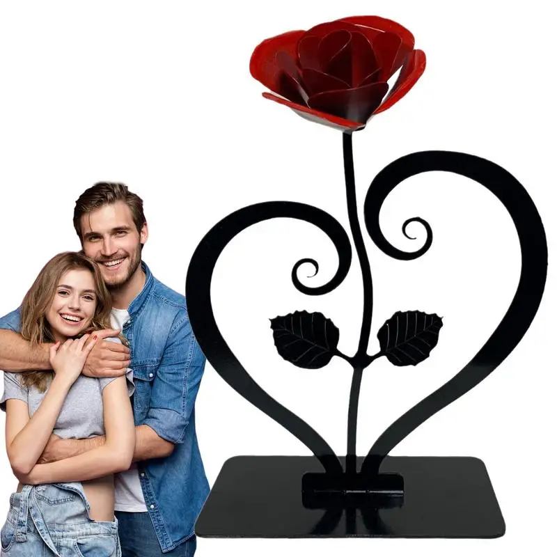 

Wrought Iron Rose Wrought Iron Red Metal Rose Sculpture Hand Forged Iron Anniversary Flower With Heart Shaped Stand For