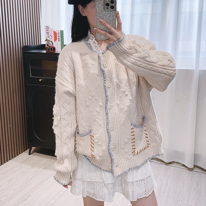 Lazy style blue knitted sweater Pockets cardigan women's 2024 autumn winter new high-end college style Button jacket