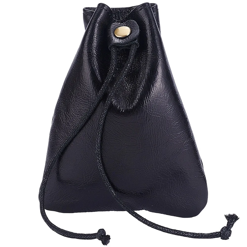 1Pc Leather Change Purse Coin Wallets with Cord Strings Trapezoid Black 11.7x9.5x0.7cm