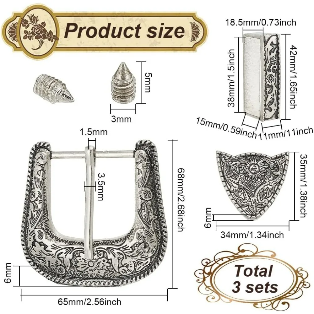 3 Sets Antique Silver Belt Buck Set 1.5inch Wide Western Cowboy Buckle Alloy Belt Buckle Replacement for making kit